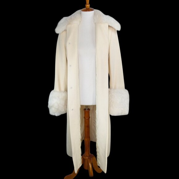 Express Wool Coat Size 5/6 Ivory Faux Fur Collar Cuffs Dressy Penny Lane Vintage - Picture 4 of 16